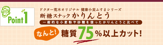 「ポイント1」ドクター荒木オリジナル健康小麦ふすまシリーズ断糖スナックかりんとうは一般的な小麦粉や砂糖を使ったかりんとうと比べてなんと！糖質75％以上カット！